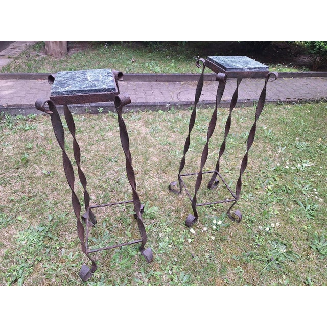 Pair of mid century Brutalist wrought iron and marble garden columns, patinated iron, solid construction, beautifully...