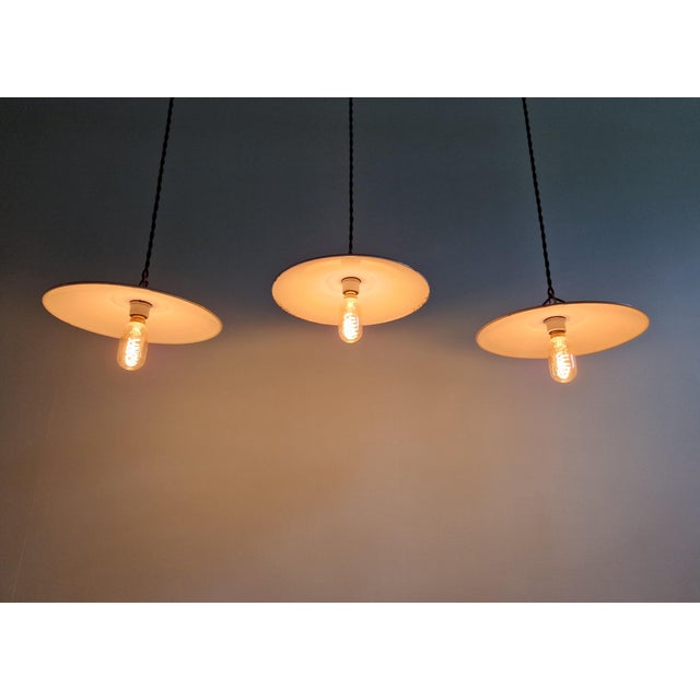 Vintage Industrial Pendant Lights in Green Enameled Sheet Metal and Porcelain, 1940s, Set of 3 For Sale - Image 10 of 18