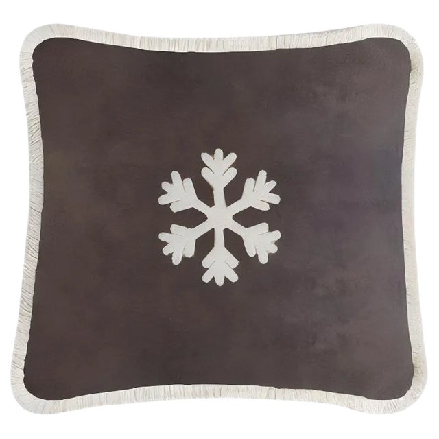 Christmas Happy Pillow with Snowflake in Brown and Beige from Lo Decor For Sale