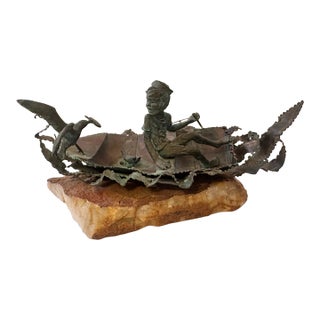 1970s Boy Fishing Figural Sculpture on Stone Base For Sale