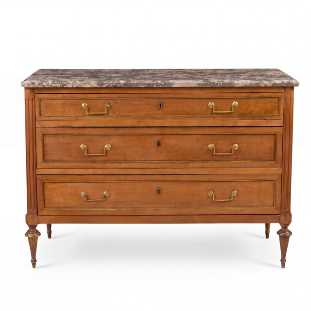 French 19th-C. French Louis XVI Neoclassical Style Fruitwood Marble Top Chest Commode For Sale - Image 3 of 5