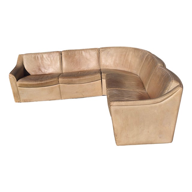 Three-Piece Modular Light Brown Leather Sofa with Decorative Stitching, 1970s For Sale