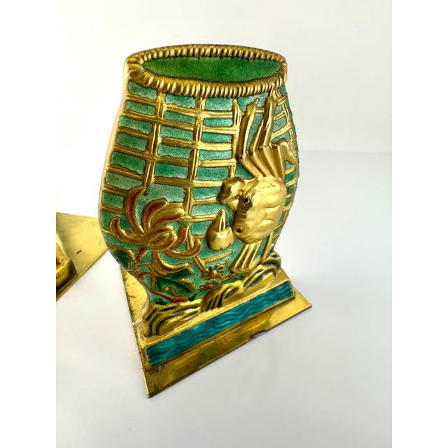 Turquoise Vintage Chinoiserie Fish Motif Bookends in Gilt and Jewel-Tone Enamel For Sale - Image 8 of 12