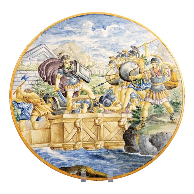 Large Italian Istoriato Revival Pesaro School Maiolica Charger with Heroic Scene, 1890-1915 For Sale