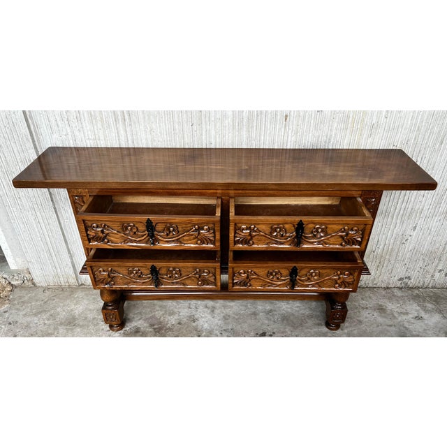 Early 20th Century Spanish Console Chest Table with Four Carved Drawers and Original Hardware For Sale - Image 9 of 18