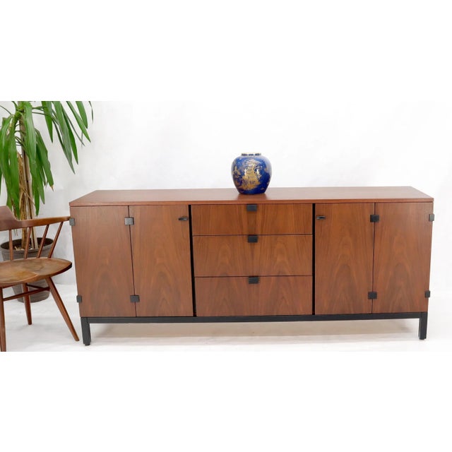 American Walnut 9 Drawers Two Doors Compartment Long Dresser Credenza Restored For Sale - Image 6 of 13