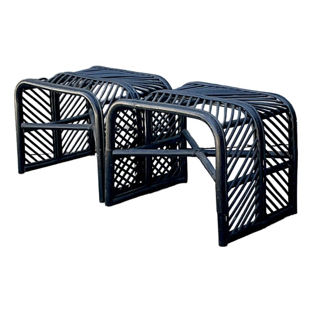 Vintage Stick Rattan Waterfall Low Stools - A Pair For Sale