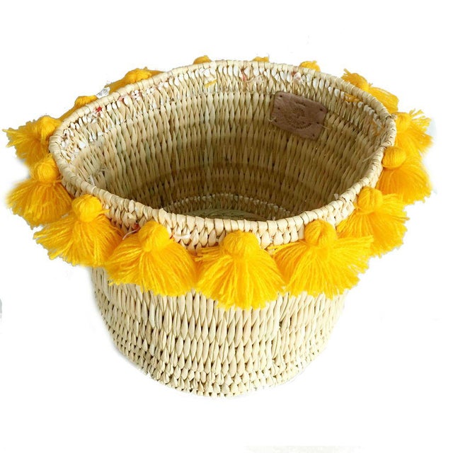 2010s Moroccan Yellow Tassel Large Basket For Sale - Image 5 of 5