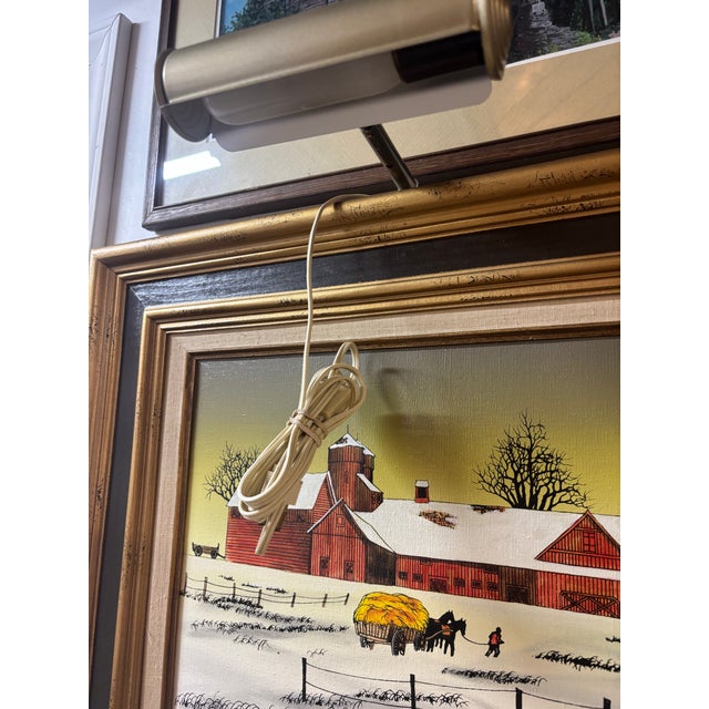 Mid 20th Century Signed H. Hargrove Winter Farm Landscape Oil Painting With Attached Gallery Light For Sale - Image 5 of 9