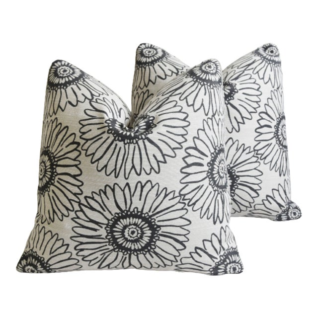 Perennials Sunflowers Linen Feather/Down Pillows 21" Square - Pair For Sale