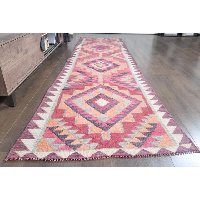 1970s Turkish Oushak Handmade Wool Cotton Pink Runner Rug For Sale - Image 10 of 11