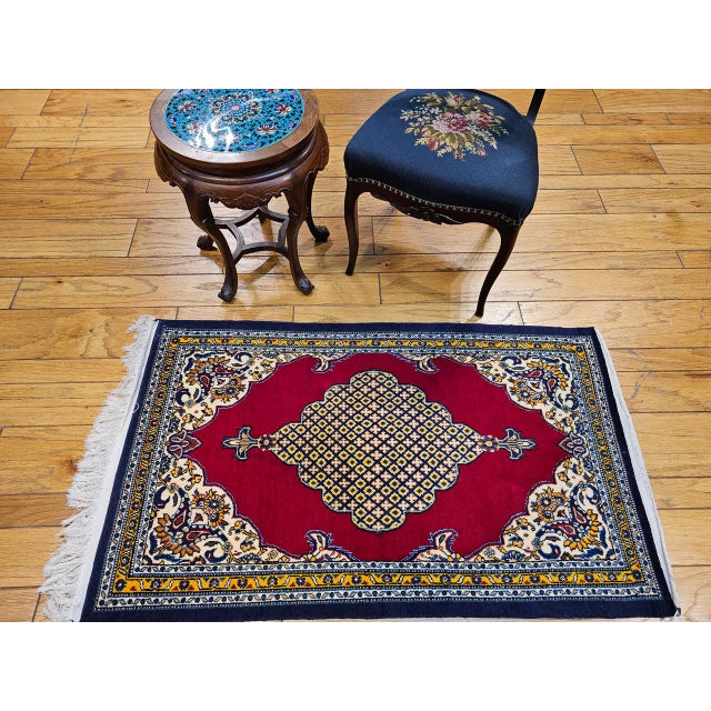 Red Vintage Persian Qum Area Rug, Hand-Knotted Wool, Geometric Medallion Pattern, 3x5, Red & Navy For Sale - Image 8 of 18