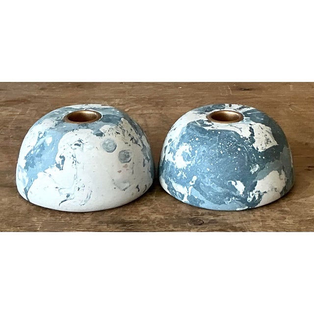 Boho Artisan Pigmented Plaster Scagliola Low Dome Candlestick Holders - Set of 2 For Sale - Image 10 of 12