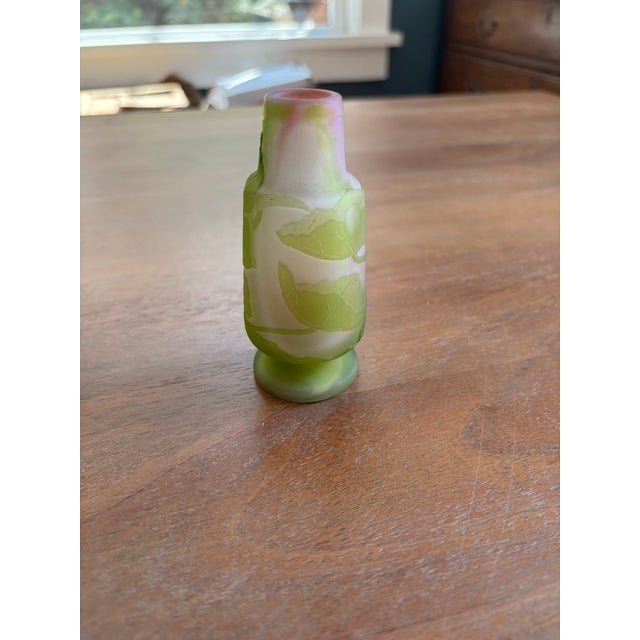 Absolutely stunning multi-layered Emile Galle signed cabinet vase with vibrant green, white, and pink acid etched pansy...