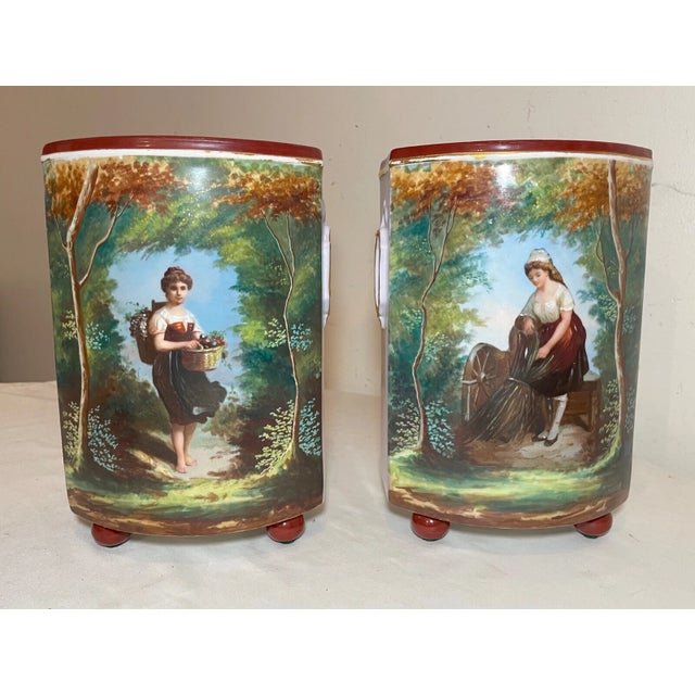 Green Pair of Antique Ornate French 19th Century Hand Painted Enameled Porcelain Vase For Sale - Image 8 of 12