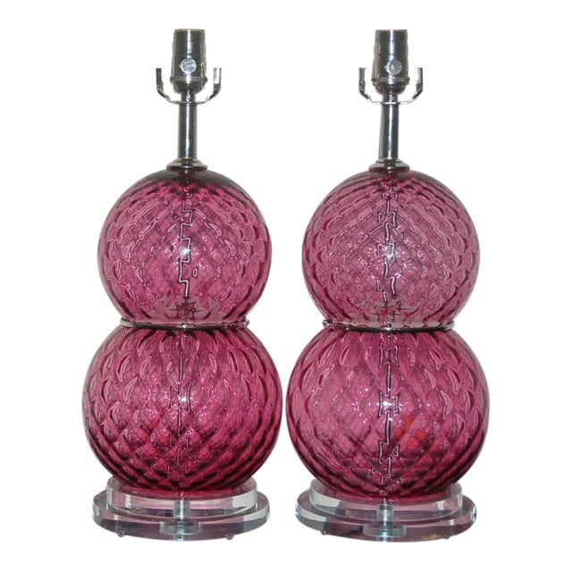 Raspberry Pink Vintage Cranberry Murano Glass Table Lamps by Swank Lighting For Sale - Image 8 of 9