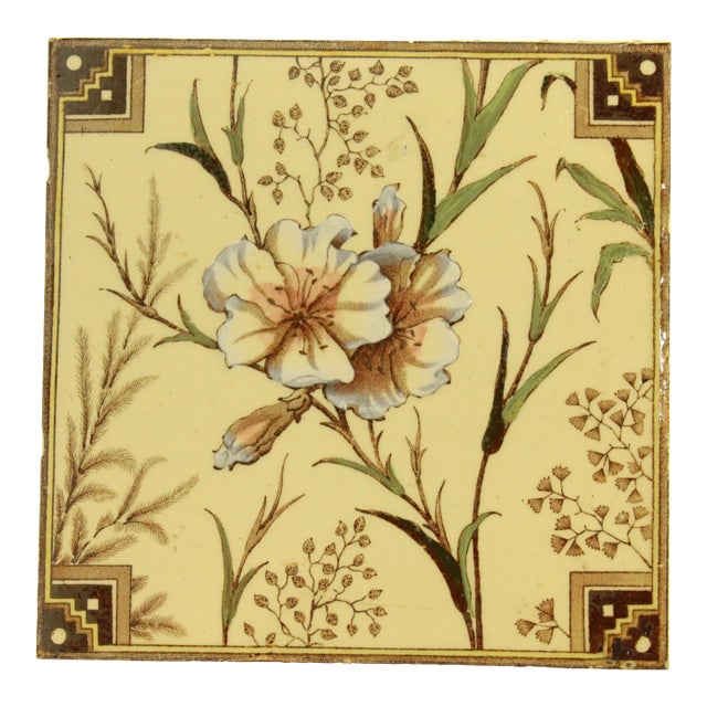 1887-1888 T. G. & F. Booth Aesthetic Movement English Victorian Tile With Flowers For Sale