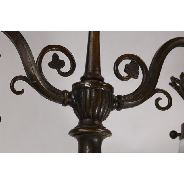 1910s Signed Oscar Bach Bronze 2-Light Table Lamp With Quality Art Glass Shades, Good Patina For Sale - Image 11 of 15