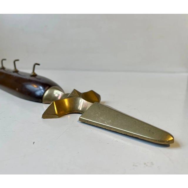 1920s Antique Battle Axe Key Rack in Brass & Mahogany, 1920s For Sale - Image 5 of 10