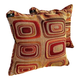 Pair of Newport Art Deco Geometric Red & Gold Throw Pillows — Decorative Accent Set For Sale