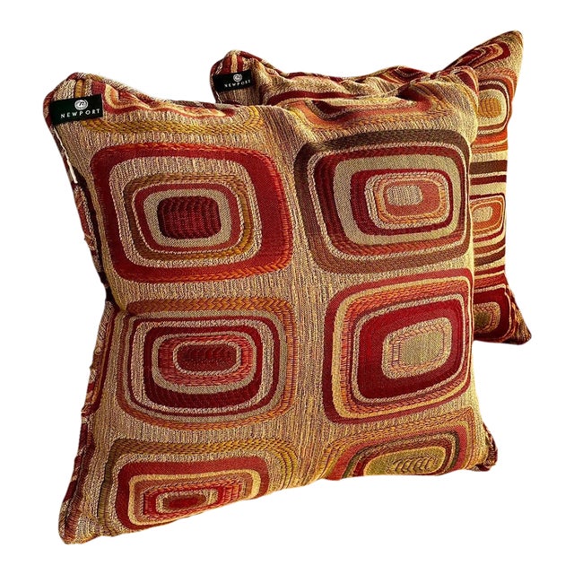 Pair of Newport Art Deco Geometric Red & Gold Throw Pillows — Decorative Accent Set For Sale