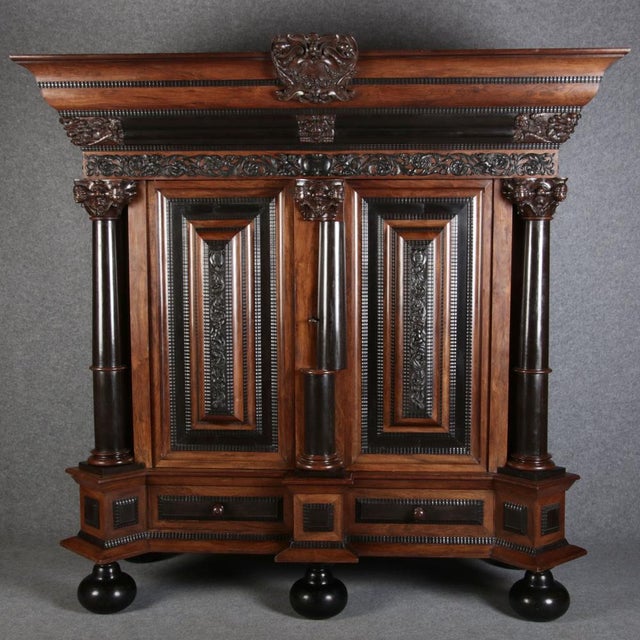 Late 19th Century Baroque Cabinet Amsterdam Schapp, 5 Ebonized Columns, Pillow Fillings, Carved Chapters - Doors - Cornice, Secret Compartment, on High Feet, 1880 For Sale - Image 5 of 18