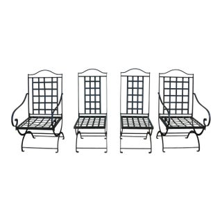 Vintage Set of 4 Hervé Baume French Wrought Iron Folding Patio Chairs, 1970s For Sale