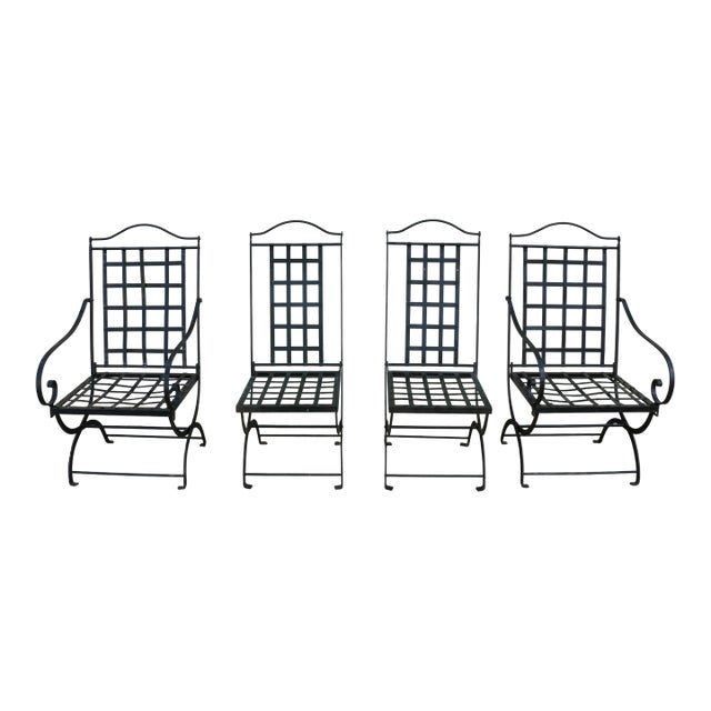 Vintage Set of 4 Hervé Baume French Wrought Iron Folding Patio Chairs, 1970s For Sale