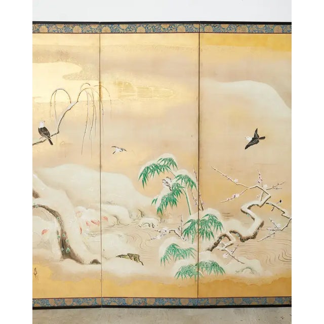 Japanese Showa Four Panel Screen Snowy Winter Landscape For Sale - Image 4 of 12