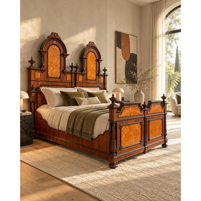 19th Century Italian Renaissance Revival Mahogany and Birdseye Maple Bed, 1980s For Sale - Image 3 of 10
