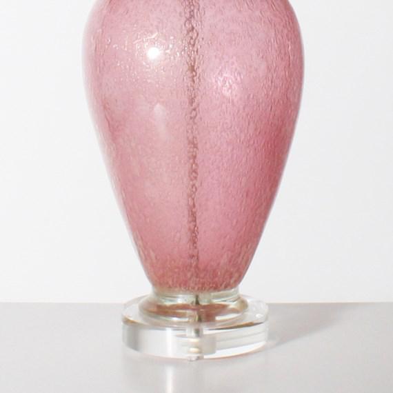Large pink Murano lamp with bullicante inclusions, c. 1950. Off-white pongee shade. Silver twisted cording, standard with...