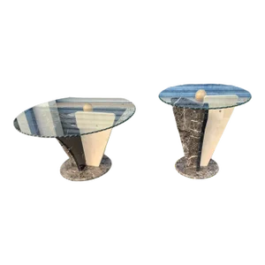 1980s Postmodern Tessellated Marble and Glass Coffee and Side Table, 1980s. - Set of 2