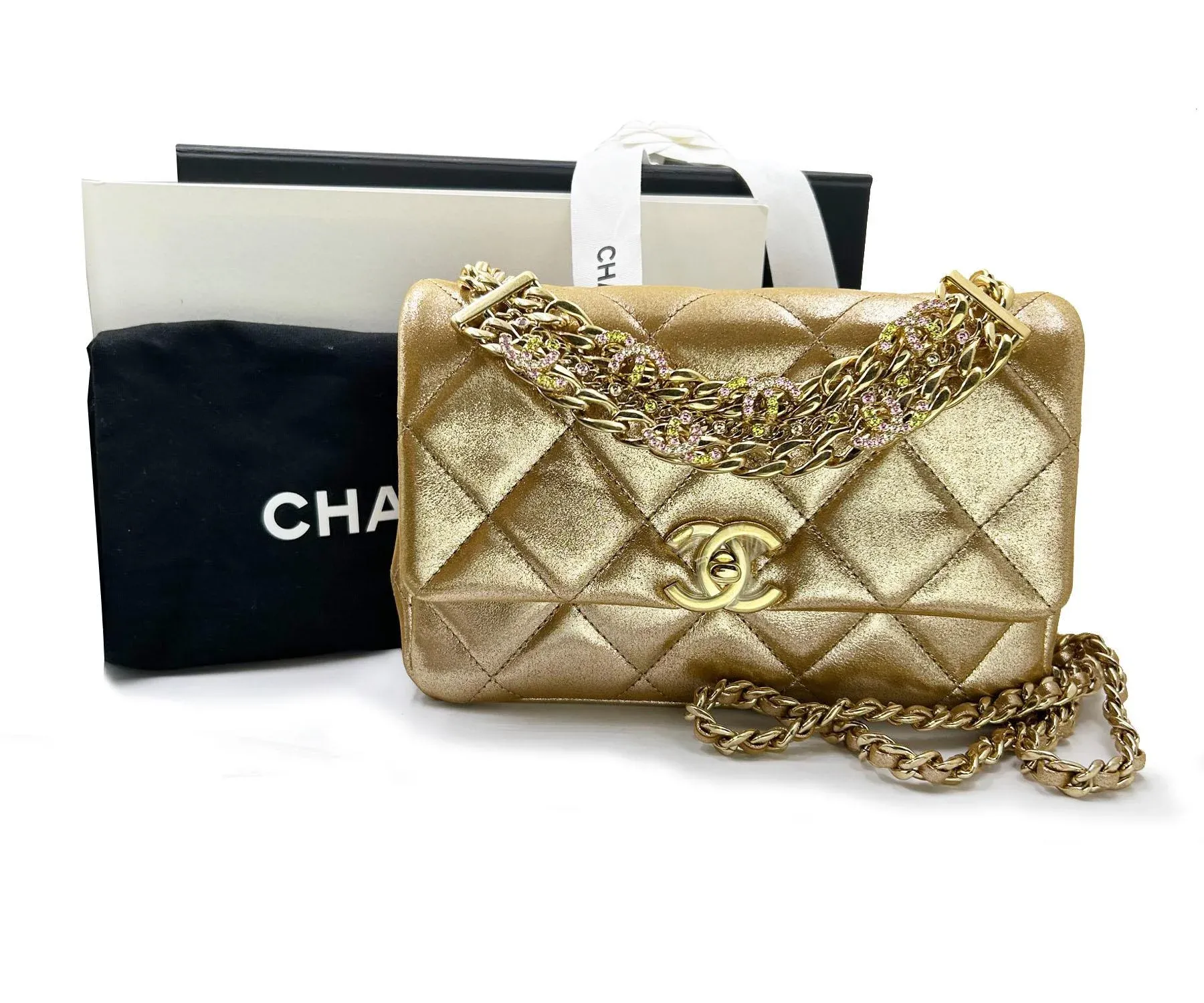 Chanel Gold Shimmer Crystal CC Handle Crossbody 2 Way Bag | Chairish