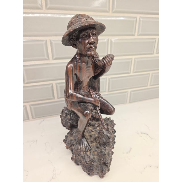 Wood Mid 20th Century Realism Balinese Macassar Ebony Fisherman Masterpiece Sculpture by Darsana (Mas, Bali) For Sale - Image 7 of 12