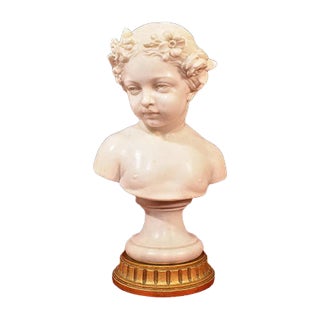 Antique Marble Statue, Bust of Young Girl with Flower Wreath, 19th-Century For Sale