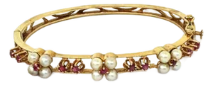 Ruby & Pearls 14k Yellow Gold Bangle Bracelet