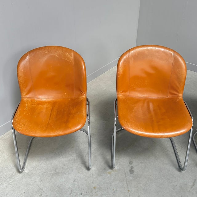 Cognac Leather Dining Chairs by Gastone Rinaldi for Thema Italy, 1970s, Set of 4 For Sale - Image 6 of 11