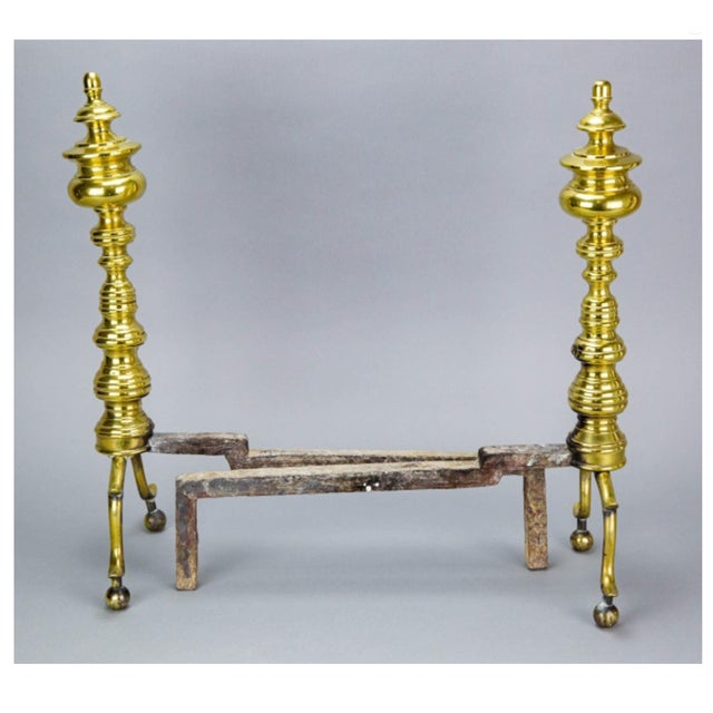 Antique Brass Fireplace Andirons & Tool Set—6 Pieces For Sale - Image 4 of 7