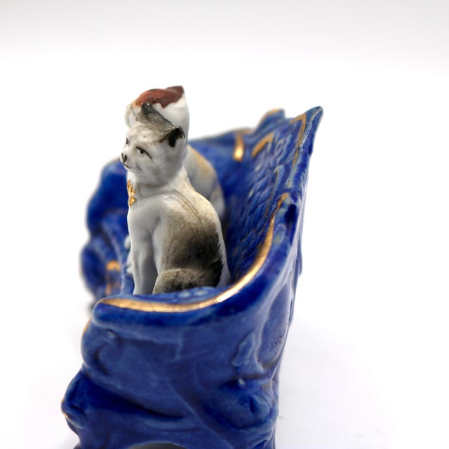 Antique Late 19th Century German Porcelain Miniature Figurine – Two Cats on Blue & Gold Armchair, Mold No. 3896 For Sale In Cincinnati - Image 6 of 11