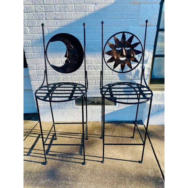 Arthur Umanoff 1990s Art Deco Mexican Wrought Iron Celestial Moon and Sun Table & 2 Barstools For Sale - Image 4 of 12