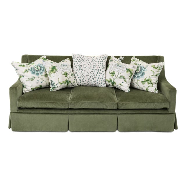 Late 20th Century Reupholstered velvet strie green fabric Sofa Attributed toGeorge Smith For Sale