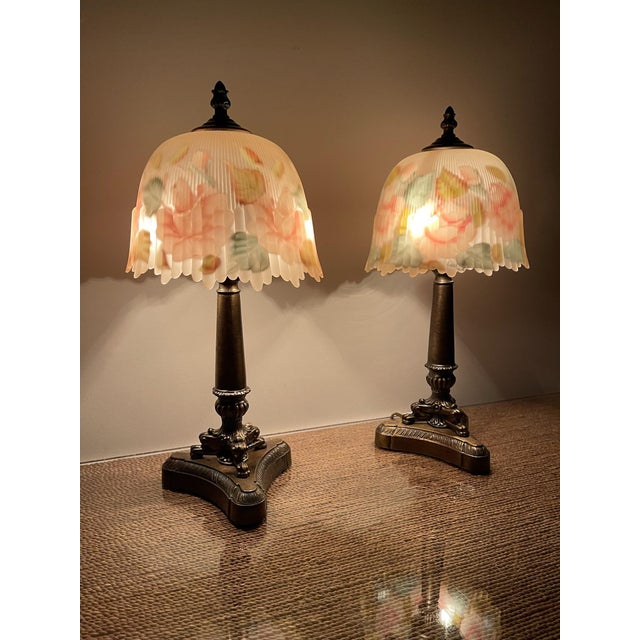 Pair of Vintage Reverse-Painted Floral Glass Boudoir Lamps, Signed “Carol,” 1970s For Sale - Image 4 of 10