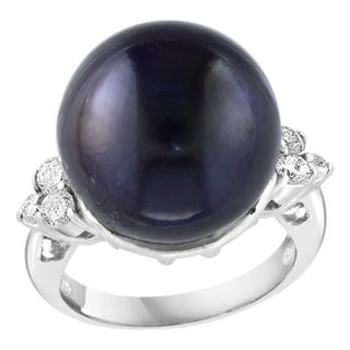 15MM Round Black Tahitian Pearl & Diamond Platinum Ring Size 5.5 For Sale