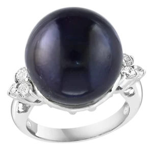 15MM Round Black Tahitian Pearl & Diamond Platinum Ring Size 5.5
