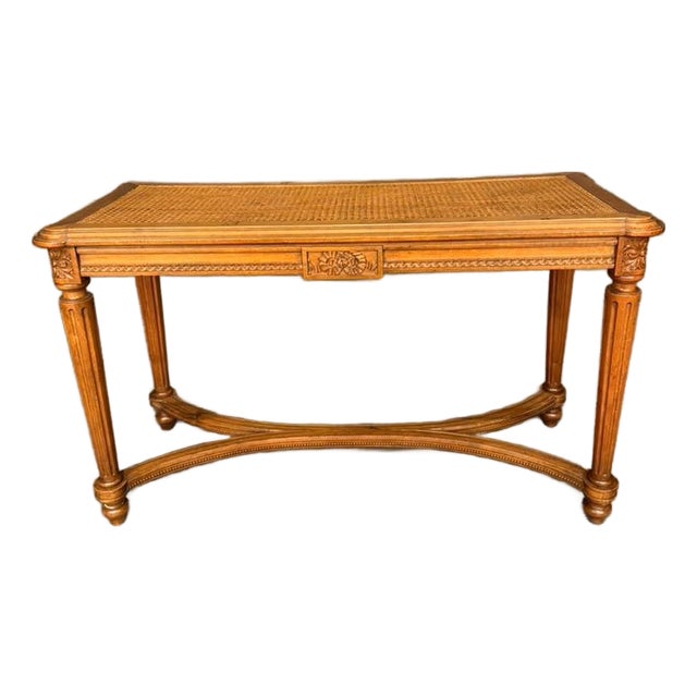 19th Century French Louis XVI Style Carved Walnut and Cane Bench, Circa 1880 For Sale