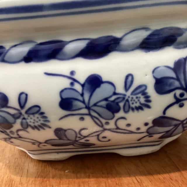 Vintage Octagon Chinese Hand -Painted Blue & White Porcelain Bonsai Cachepot/ Planter For Sale - Image 9 of 12