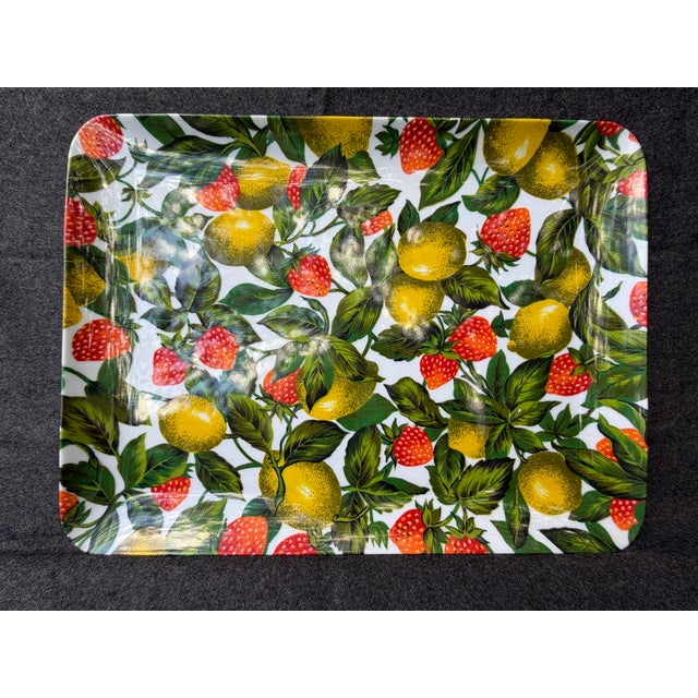 Colorful, oversized vintage molded plastic fruit and leaf print tray. Made in Italy by Tex Tray, seal imprinted on the...