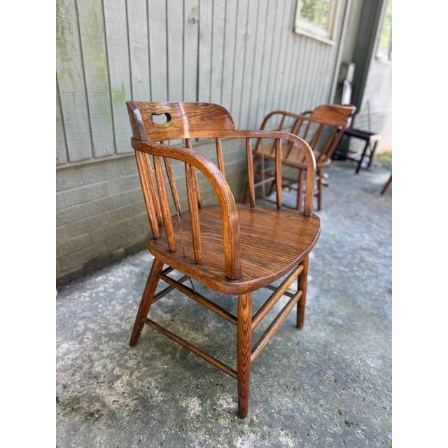 Pair of Arts and Crafts Firehouse Oak Windsor Pub Chairs For Sale - Image 15 of 17