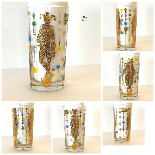 Mid-Century Modern 1960s MCM Culver Harlequin Mardi Gras 22k Gold Highball Glasses; Set of 5 For Sale - Image 3 of 7