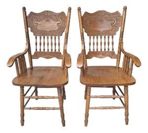 Mid 20th Century Mid-Century Carved Oak Presback ArmChairs- Set of 2